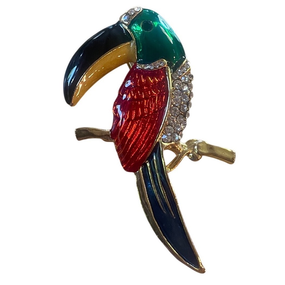 Toucan Bird Brooch Enamel Rhinestone Gold Tone Tropical Pin Multi Colorful